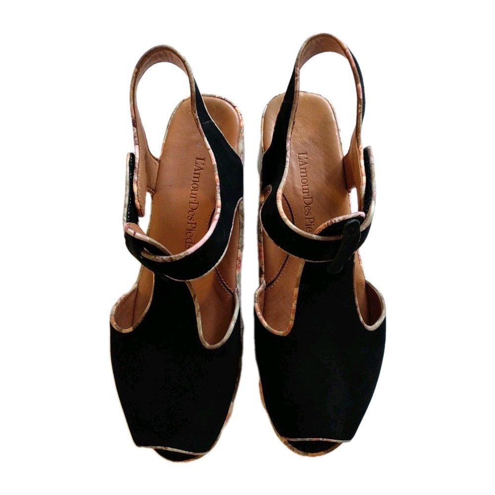 L'Amour Des Pieds Peeptoe Black Suede Sandals With Floral Accent Trim Size 9‎